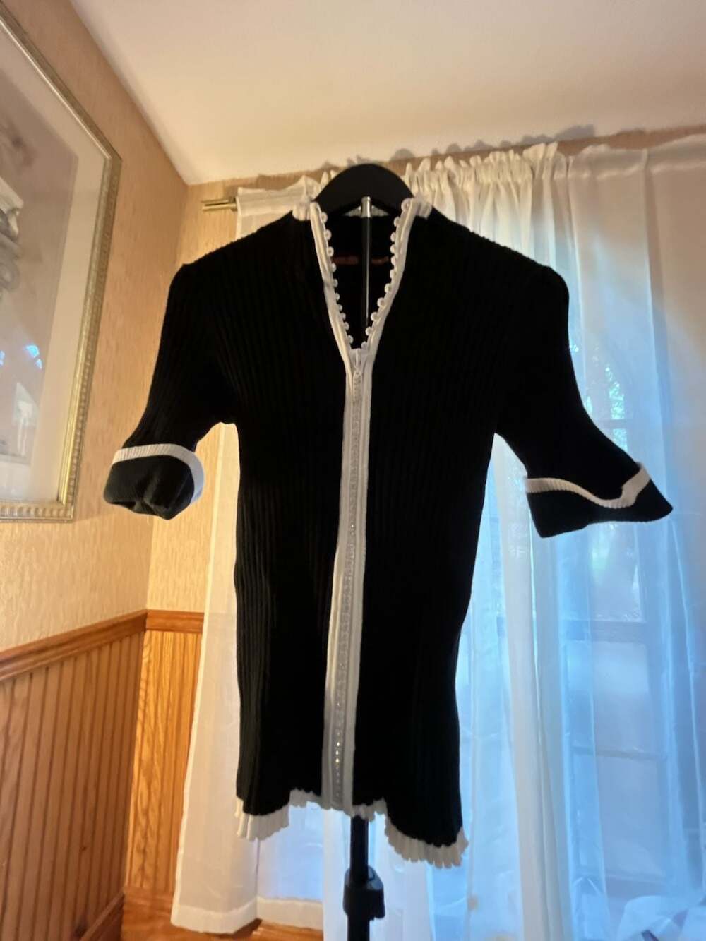 Belldini Black Rib-Knit Zip-Up Top with White Ruffled Trim